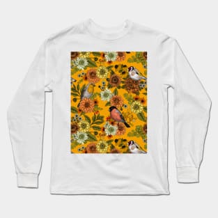 Garden birds and flowers on marigold orange Long Sleeve T-Shirt